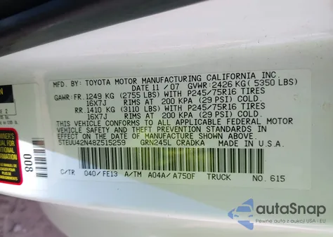 2008 Toyota Tacoma Base V6 from USA, damaged, VIN 5TEUU42N48Z515259
